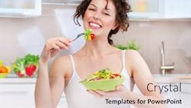  Presentation with vegan food - Cool new PPT theme with diet beautiful young woman eating vegetable salad in the kitchen dieting concept healthy vegan food healthy smiling girl with bowl of salad and fork weight loss vegetarian food backdrop and a lemonade colored foreground