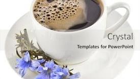  Presentation with diet - Colorful theme enhanced with diet drink chicory in a cup - coffee substitutes with cichorium intybus flower backdrop and a light gray colored foreground