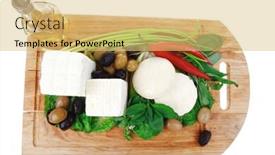  Presentation with food red - Theme enhanced with diet food greek feta white cheese served on wooden plate with basil leaves red hot pepper black and green olives and olive oil isolated over white background background and a yellow colored foreground