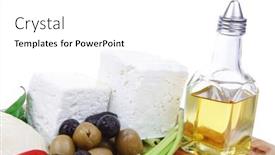  Presentation with food red - PPT theme featuring diet food greek feta white cheese served on wooden plate with basil leaves red hot pepper black and green olives and olive oil isolated over white background background and a white colored foreground