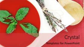  Presentation with food red - Audience pleasing slide set consisting of diet food hot tomato soup with basil thyme and dry pepper in big bowl over red mat on wood table ready to eat backdrop and a red colored foreground