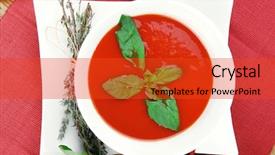  Presentation with food red - Audience pleasing slides consisting of diet food hot tomato soup with basil thyme and dry pepper in big bowl over red mat on wood table ready to eat backdrop and a red colored foreground
