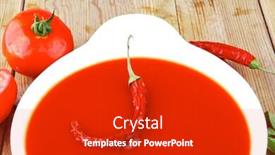  Presentation with round table - Slide set enhanced with diet food hot tomato vegetable soup with basil thyme and raw tomatoes in white round bowl over red mat on wood table ready to eat background and a dark gray colored foreground