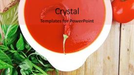  Presentation with round table - Cool new PPT theme with diet food hot tomato vegetable soup with basil thyme and raw tomatoes in white round bowl over red mat on wood table ready to eat backdrop and a red colored foreground