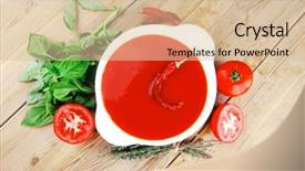  Presentation with round table - Cool new PPT theme with diet food hot tomato vegetable soup with basil thyme and raw tomatoes in white round bowl over red mat on wood table ready to eat backdrop and a lemonade colored foreground