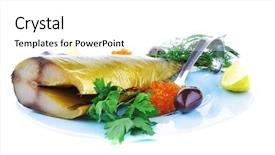  Presentation with blue food - Slides consisting of diet food - red caviar and smoked mackerel fish with lemon and dill on blue plate isolated over white background background and a white colored foreground