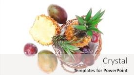  Presentation with fruits mango - Amazing theme having diet food - set of lot of tropical fruits include pineapple plum and mango in small basket isolated over white background backdrop and a lemonade colored foreground