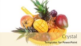  Presentation with fruits mango - Colorful PPT layouts enhanced with diet food - set of lot of tropical fruits include pineapple plum and mango in orange colander isolated over white background backdrop and a yellow colored foreground