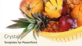  Presentation with fruits mango - Colorful slide deck enhanced with diet food - set of lot of tropical fruits include pineapple plum and mango in orange colander isolated over white background backdrop and a blonde colored foreground