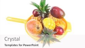  Presentation with fruits mango - Colorful slide deck enhanced with diet food - set of lot of tropical fruits include pineapple plum and mango in orange colander isolated over white background backdrop and a white colored foreground