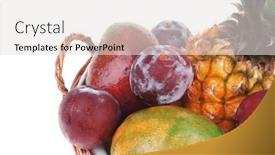  Presentation with fruits mango - Cool new slide deck with diet food - set of lot of tropical fruits include pineapple plum and mango in small basket isolated over white background backdrop and a light gray colored foreground