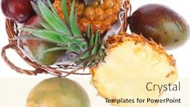  Presentation with fruits mango - Cool new slide deck with diet food - set of lot of tropical fruits include pineapple plum and mango in small basket isolated over white background backdrop and a blonde colored foreground