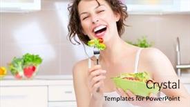  Presentation with vegan food - PPT layouts with young woman eating vegetable salad background and a lemonade colored foreground