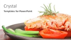  Presentation with white healthy food - Audience pleasing presentation theme consisting of diet healthy food hot grilled sea salmon fillet served on iron pan over wooden plate isolated on white background backdrop and a white colored foreground