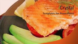  Presentation with white healthy food - Audience pleasing presentation theme consisting of diet healthy food hot grilled sea salmon fillet served on iron pan over wooden plate isolated on white background backdrop and a gold colored foreground