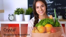  Presentation with grocery bag - Presentation design enhanced with diet nutrition - young woman holding grocery shopping background and a coral colored foreground