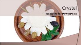  Presentation with feta cheese - Slides enhanced with diet products salted greek feta white cheese with olives and basil leaves sliced on wood isolated over white background background and a coral colored foreground