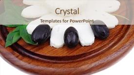  Presentation with feta cheese - Presentation theme featuring diet products salted greek feta white cheese with olives and basil leaves sliced on wood isolated over white background background and a lemonade colored foreground