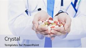  Presentation with drugs - Audience pleasing presentation consisting of diet therapy - doctor holding heap of drugs backdrop and a light blue colored foreground