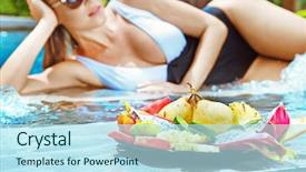  Presentation with cartoon fruit - Slide set enhanced with diet therapy - young beautiful lady posing background and a sky blue colored foreground