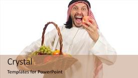  Presentation with diversity - Presentation having dietary diversity - arab man with fruits isolated background and a  colored foreground