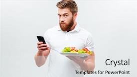  Presentation with man holding phone - Audience pleasing PPT layouts consisting of dietetics - young bearded man holding plate backdrop and a white colored foreground