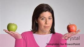  Presentation with fat - Beautiful presentation theme featuring dieting fat woman holding tho apples backdrop and a coral colored foreground