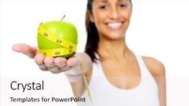  Presentation with weightloss - PPT theme enhanced with dieting woman with measuring tape and apple showing healthy eating and weightloss concept isolated on white background and a sky blue colored foreground