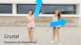  Presentation with arrows - Presentation theme consisting of diference - teenage students holding blue arrows background and a  colored foreground