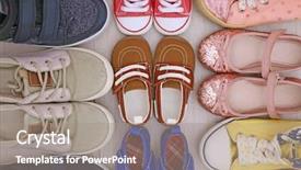  Presentation with baby shoes - Slides featuring different baby shoes on wooden floor top view background and a gray colored foreground