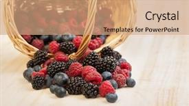 Presentation with blueberries - Presentation theme enhanced with different berries blueberries raspberries blackberries in a basket on a wooden table background and a coral colored foreground