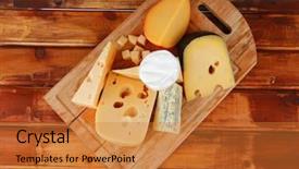  Presentation with served - PPT theme enhanced with different cheeses served on wooding background and a gold colored foreground