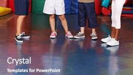  Presentation with shoes - Presentation theme featuring gymnastics soil - many legs with shoes background and a ocean colored foreground