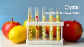  Presentation with drugs - Amazing slides having different color drugs in test tubes and fruit on wooden table on color background backdrop and a teal colored foreground
