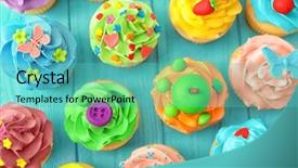  Presentation with colorful geometry - Cool new slides with different colors - tasty colorful cupcakes on wooden backdrop and a teal colored foreground