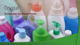  Presentation with laundry detergent - PPT theme consisting of different-cosmetic-bottles-on-shower background and a coral colored foreground