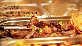  Presentation with counters - Audience pleasing presentation consisting of different counters with salads meals sweets and dressing backdrop and a gold colored foreground