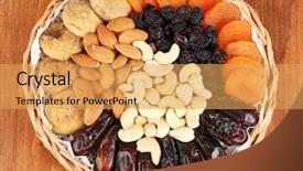  Presentation with dried fruits seeds nuts - Colorful slide deck enhanced with different dried fruits on wooden backdrop and a yellow colored foreground