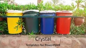  Presentation with recycle glass waste for recycling - Beautiful PPT theme featuring different dustbins with trash outdoors backdrop and a coral colored foreground