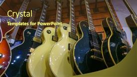  Presentation with music instruments - Amazing PPT theme having different-electric-guitars-hang backdrop and a tawny brown colored foreground