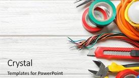  Presentation with electrical tools - Audience pleasing PPT theme consisting of different electrical tools on wooden backdrop and a white colored foreground