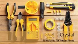  Presentation with power tools - Beautiful slides featuring different electrical tools on wooden backdrop and a yellow colored foreground