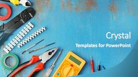  Presentation with electrical tools - Audience pleasing slides consisting of different electrical tools on wooden backdrop and a teal colored foreground