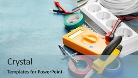  Presentation with electrical tools - Cool new slides with different electrical tools on wooden backdrop and a light blue colored foreground