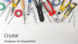 Presentation with electrical tools - Cool new slide deck with different electrical tools on wooden backdrop and a white colored foreground