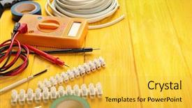  Presentation with electric - PPT layouts enhanced with different electrical tools on wooden background and a yellow colored foreground