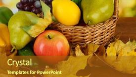  Presentation with bright yellow - Presentation design consisting of different fruits and vegetables with yellow leaves in basket on table on bright background background and a tawny brown colored foreground