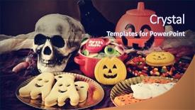  Presentation with crow - Audience pleasing PPT layouts consisting of different halloween candies and cookies backdrop and a navy blue colored foreground