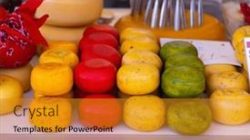  Presentation with market - Presentation theme featuring different-kind-of-cheese background and a gold colored foreground