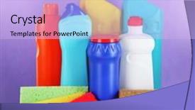  Presentation with sponges - Audience pleasing PPT theme consisting of different kinds of bath and toilet cleaners and colorful sponges on color background backdrop and a light blue colored foreground